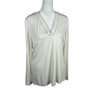 White House Black Market Cream Silver Bead Long Sleeve Top Blouse Large Business